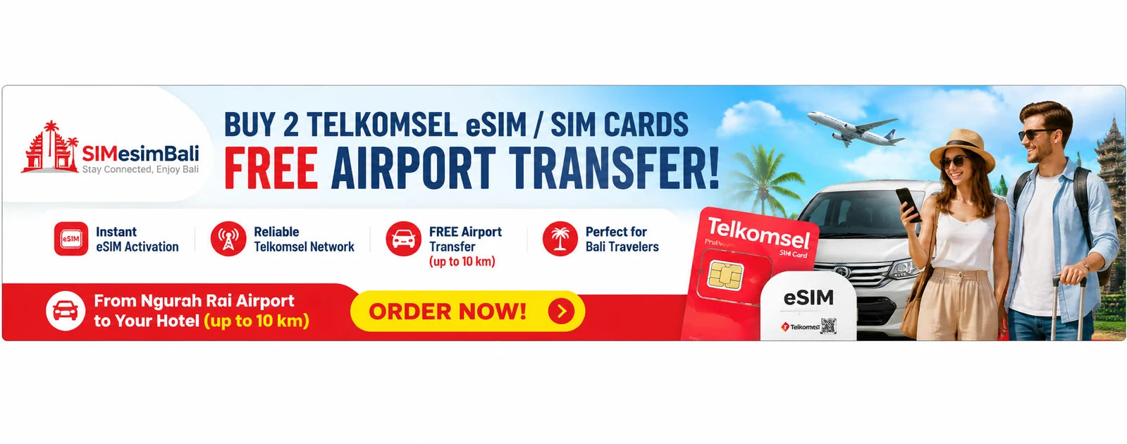 Bali eSIM for travelers with instant activation, reliable Telkomsel coverage, and free airport transfer from Ngurah Rai Airport.